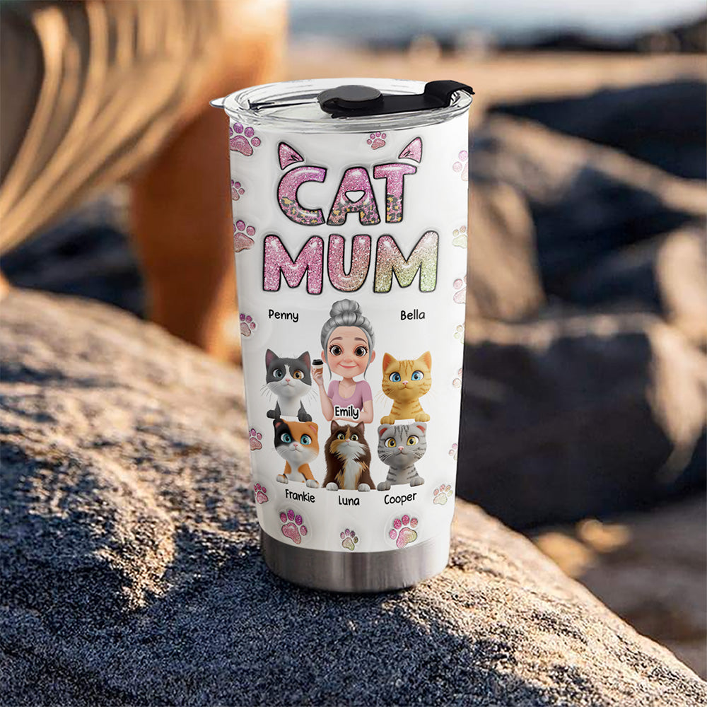 Adorable Cat Mom Chibi Version 2 Personalized Custom 3D Inflated Effect 20oz Stainless Steel Tumbler
