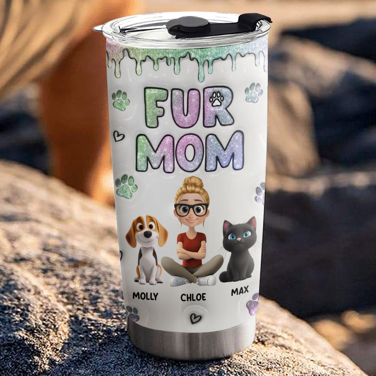 Adorable Chibi Fur Mom Personalized Custom 3D Inflated Effect 20oz Stainless Steel Tumbler