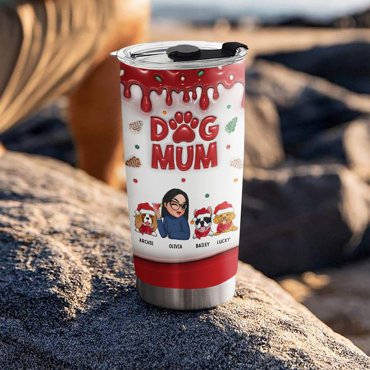 Dog Mom's Enchanting Christmas Cake - Personalized Custom 3D Inflated Effect 20oz Tumbler for All Occasions