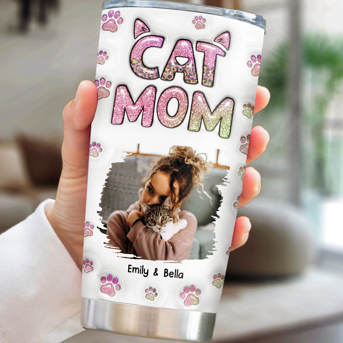 Cat Mom Chibi Version 2 Personalized 3D Inflated Effect Photo Tumbler - 20oz High - Quality Stainless Steel