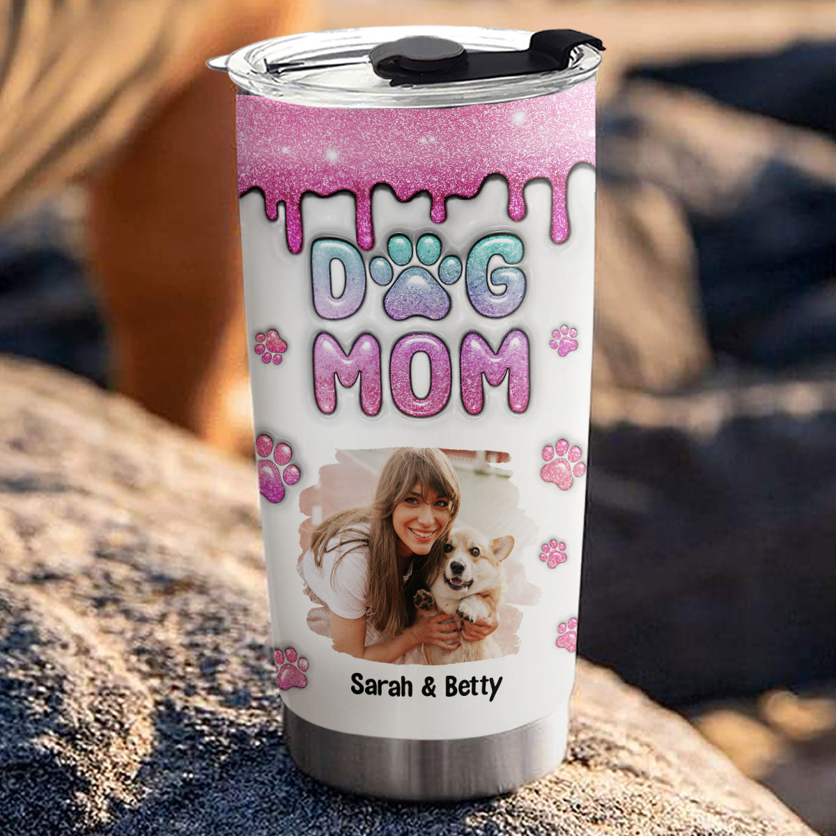 Unique Personalized Custom 3D Inflated Effect Dog Mom Glitter Photo Tumbler