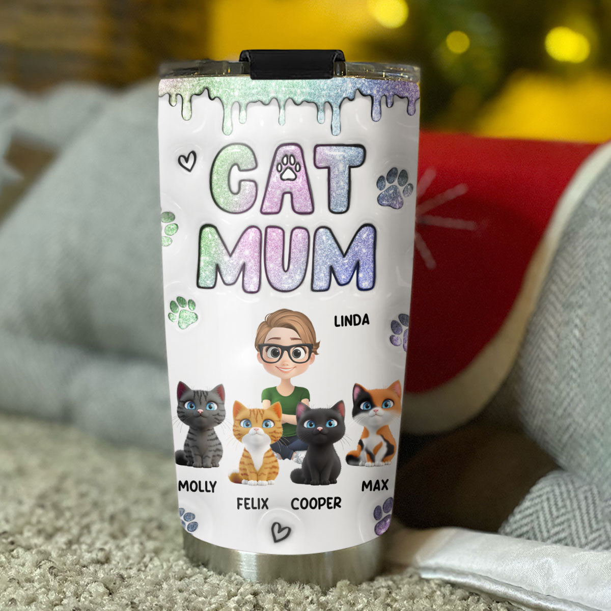 Adorable Chibi Cat Mom Personalized 3D Inflated Effect 20oz Stainless Steel Tumbler for All Occasions