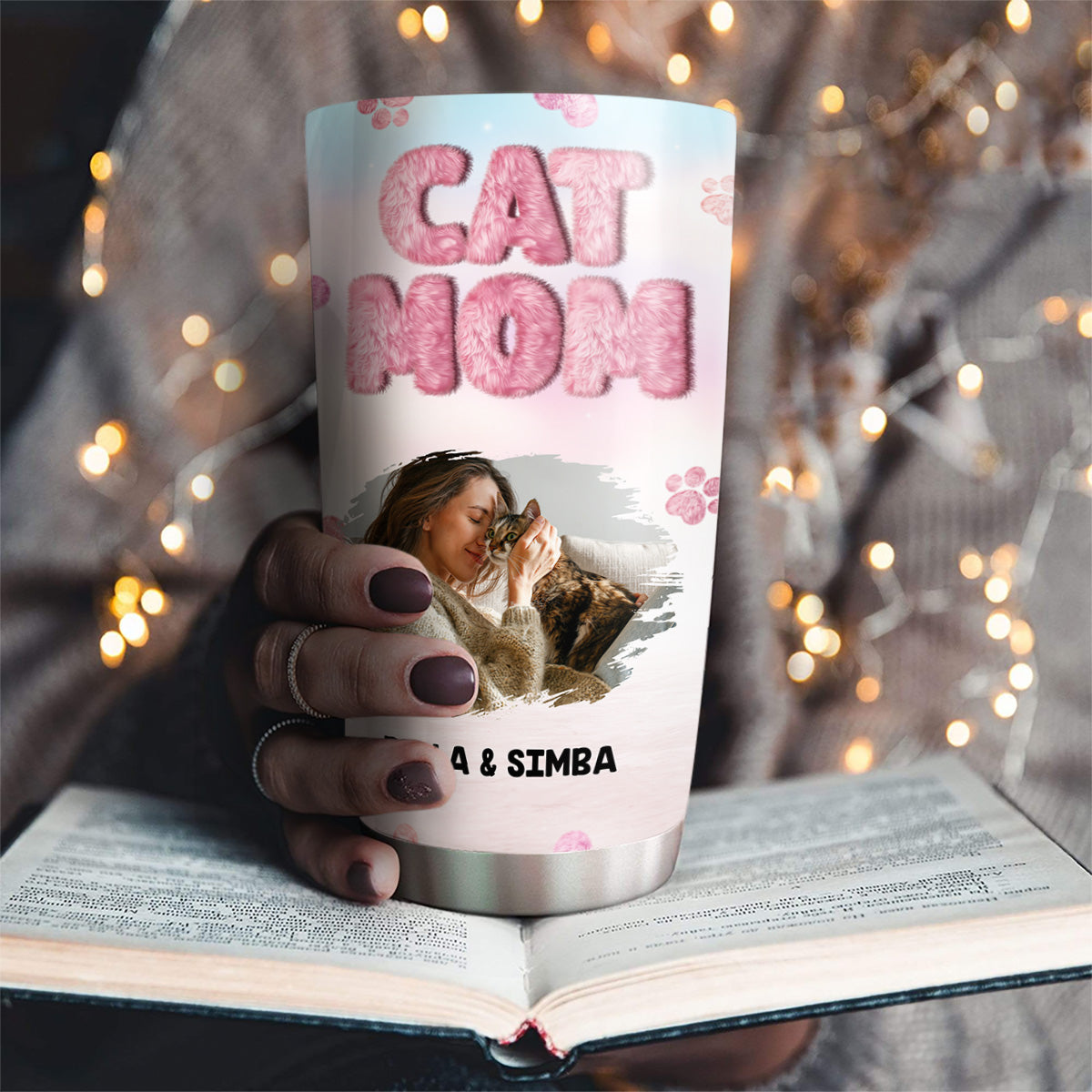 Personalized Custom Fluffy Cat Mom Photo Tumbler - 20oz High - Quality Stainless Steel