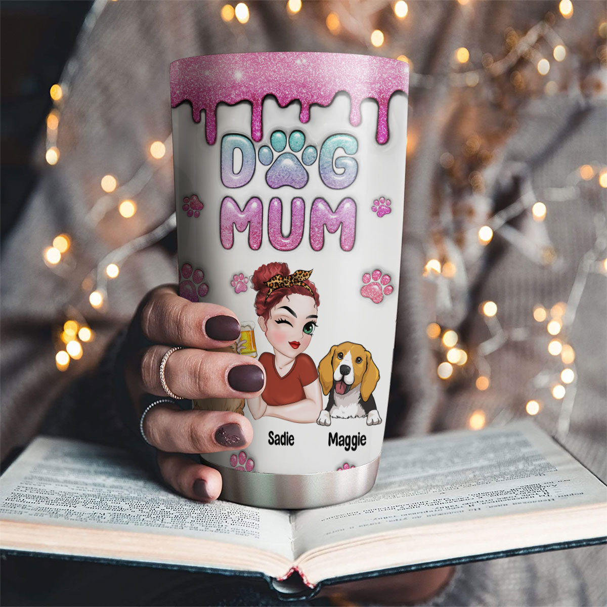 Dog Mom Glitter - Personalized Custom 3D Inflated Effect 20oz Stainless Steel Tumbler with Thousands of Cool Designs