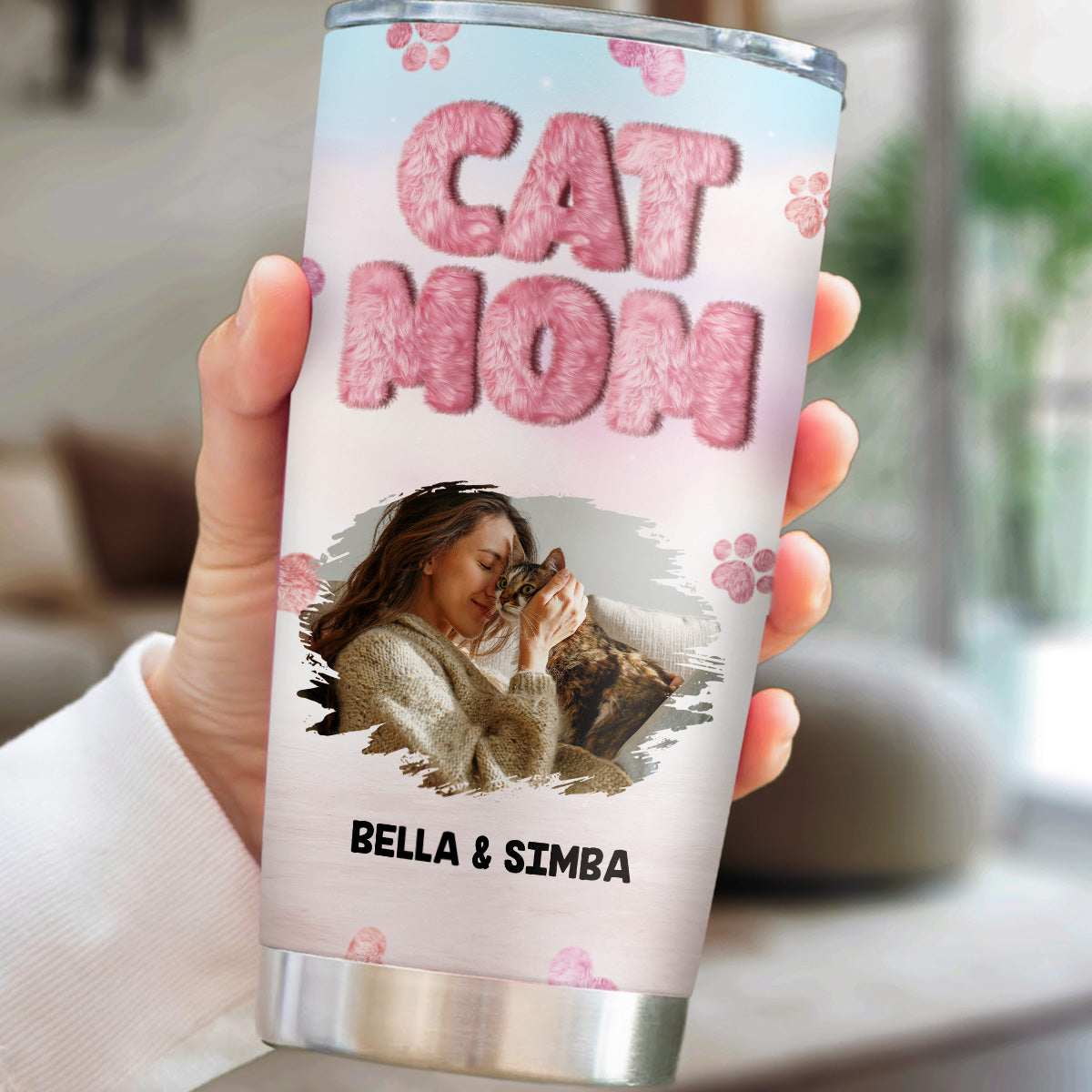Personalized Custom Fluffy Cat Mom Photo Tumbler - 20oz High - Quality Stainless Steel