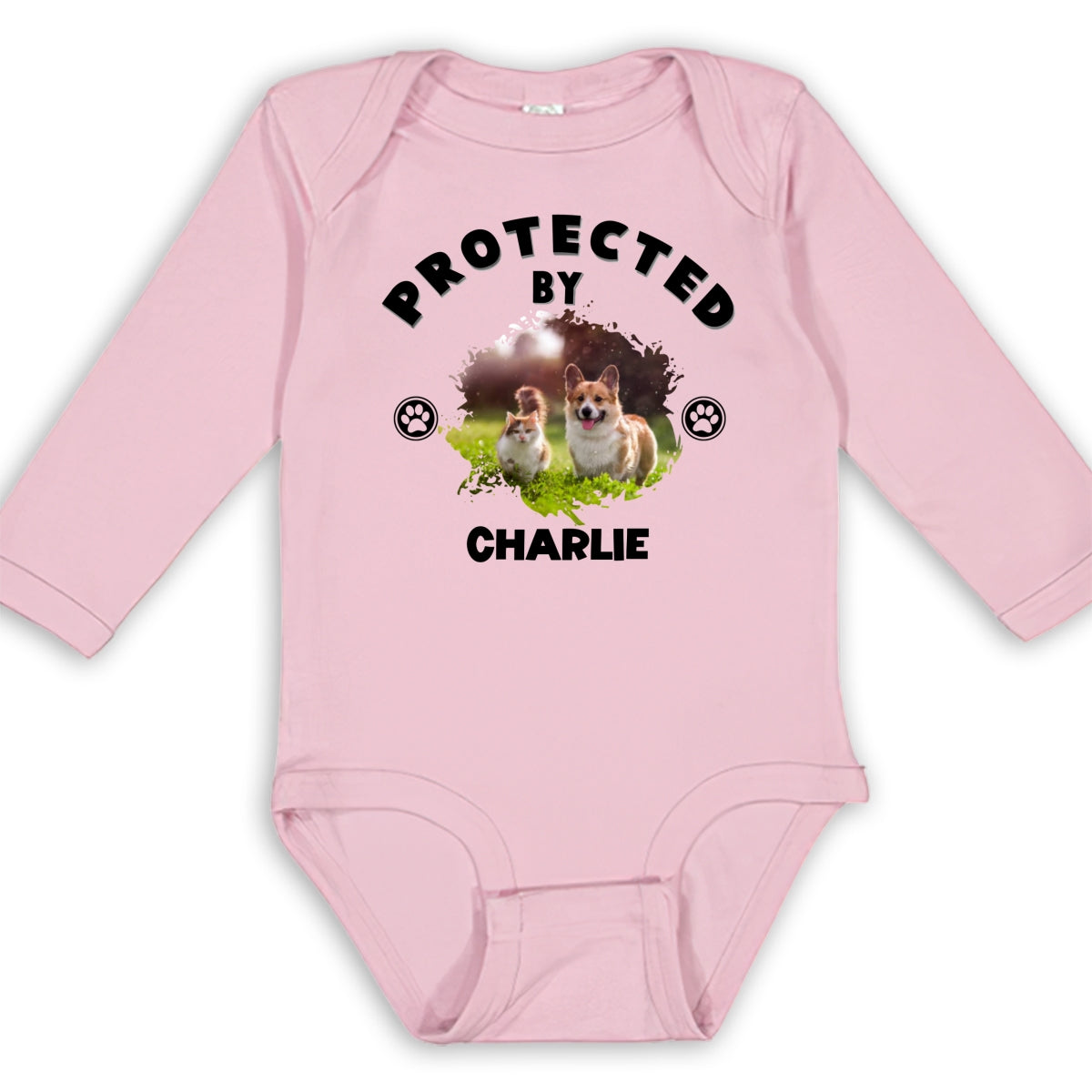 Personalized Custom Long Sleeve Baby Onesie with Human Protected By Pets Photo
