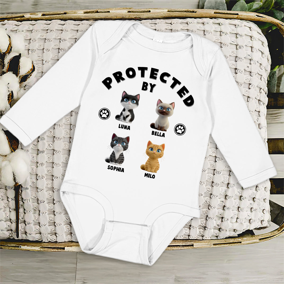 Adorable Personalized Custom Long Sleeve Baby Onesie with Human Protected By Cats Design