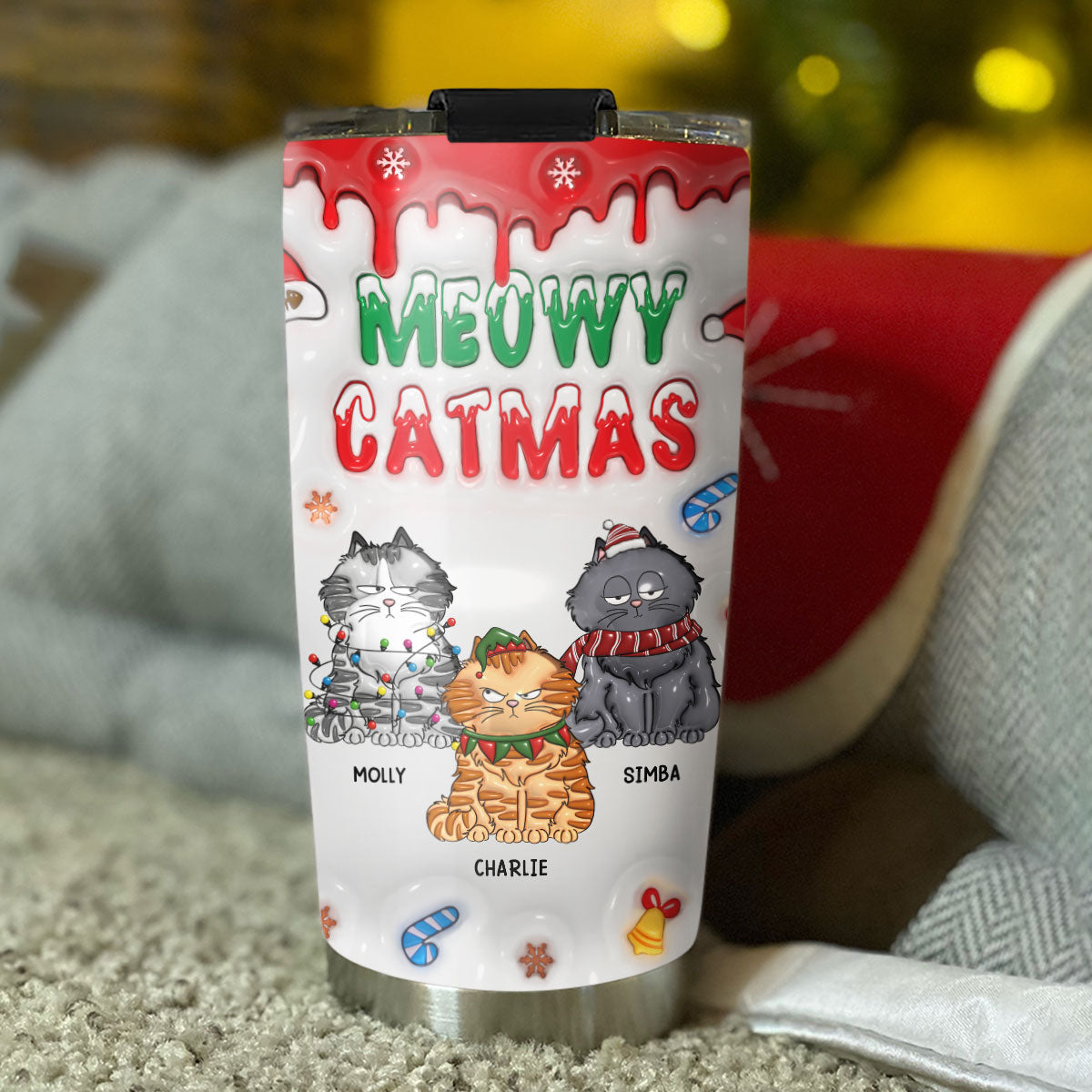 Meowy Christmas Personalized 3D Inflated Effect 20oz Custom Tumbler for Cold & Hot Drinks