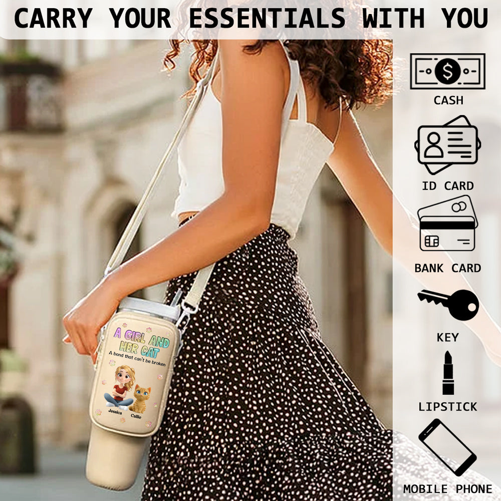 A Girl And Her Cat - Personalized Custom 40oz Tumbler or Water Bottle Carrier Bag with Detachable Pouch