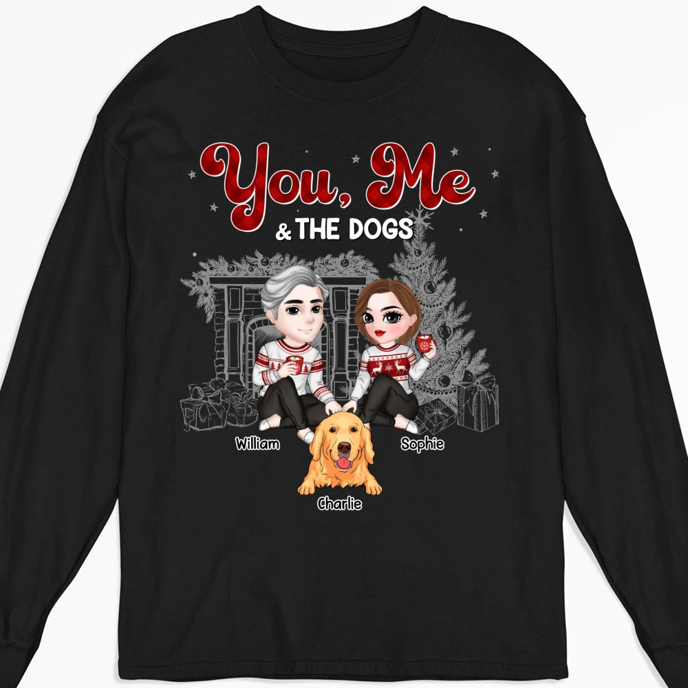Customizable Couple And Their Dogs Christmas Personalized Long Sleeve Unisex T-shirt