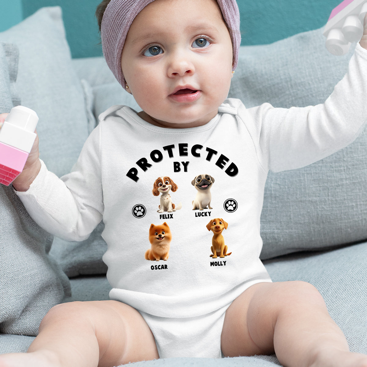 Unique Personalized Custom Long Sleeve Baby Onesie - Human Protected By Dogs