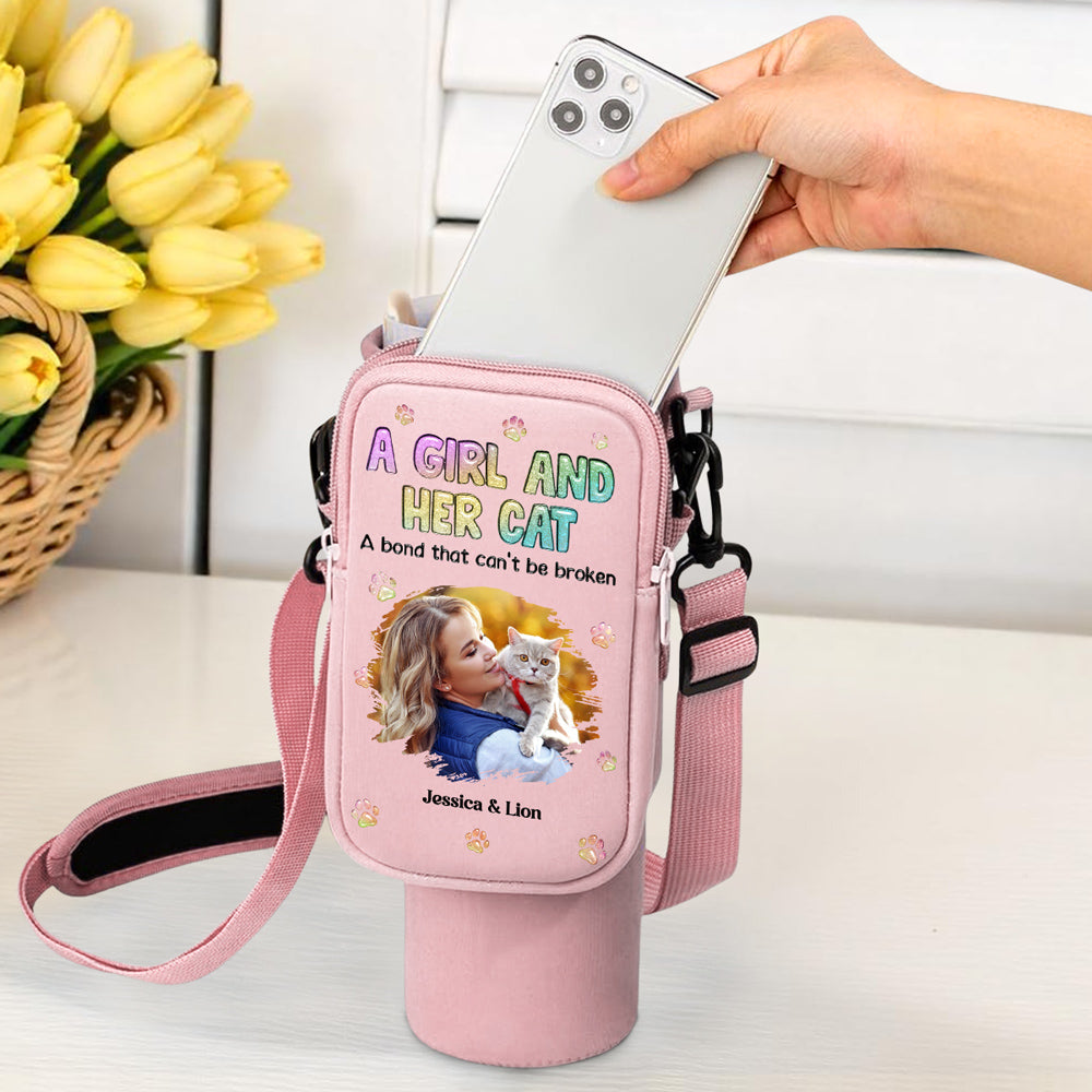 Personalized Custom Water Bottle Carrier Bag with A Girl And Her Cat Photo - Ideal for 40oz Tumblers