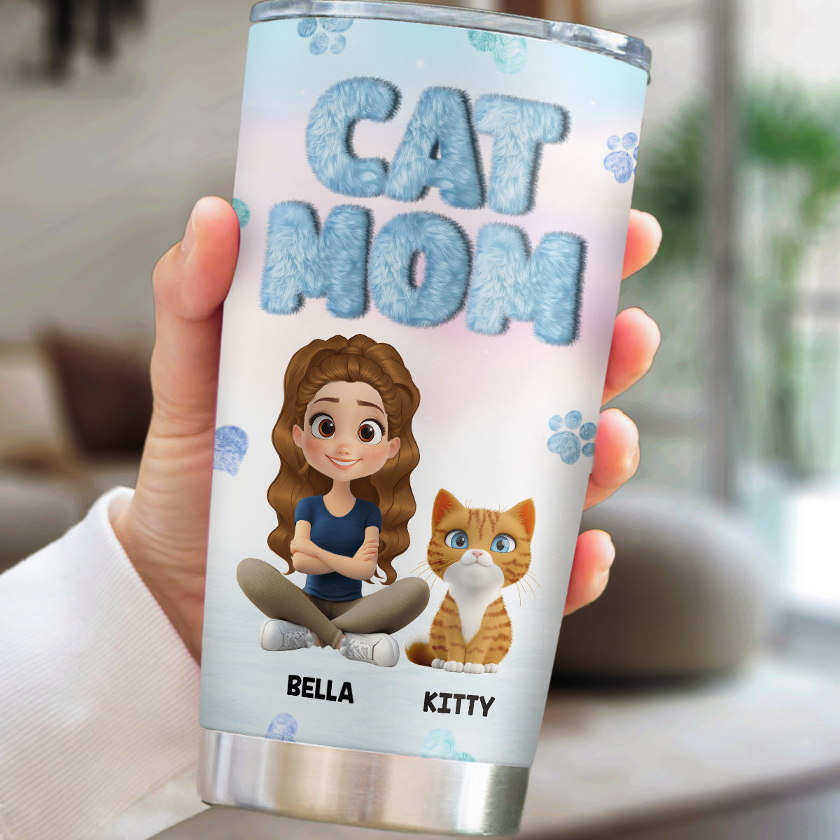 Fluffy Cat Mom - Premium Personalized Custom Stainless Steel Tumbler with 3D Inflated Effect Print