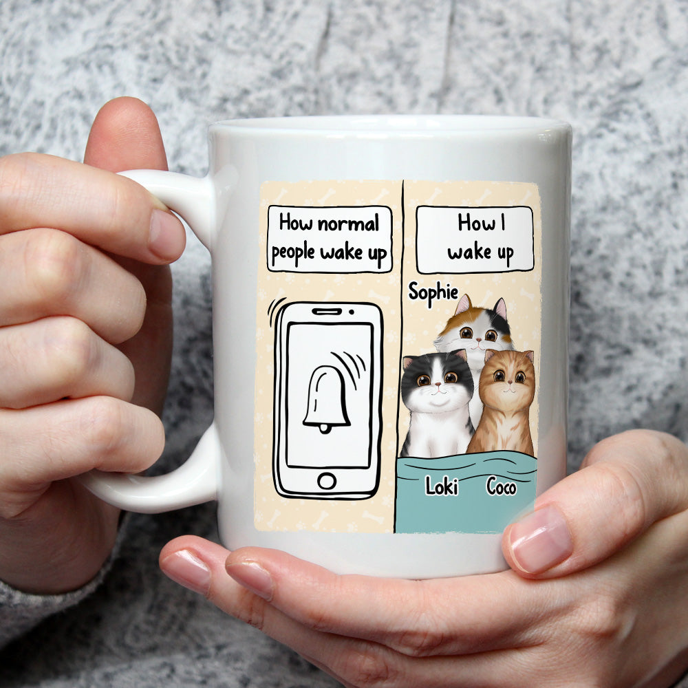 Unique Personalized Custom Coffee Mug for Cat Enthusiasts - How Cat People Wake Up