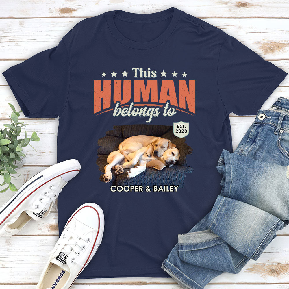 This Human Belongs To Dogs Personalized Custom Unisex 5.3 oz T-Shirt - Ideal Gift for Pet Lovers