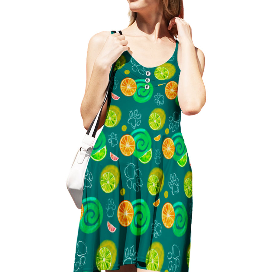 Fruit And Pawprint Design Adjustable Strap Knee - Length Dress - Ideal Gift for Pet Lovers