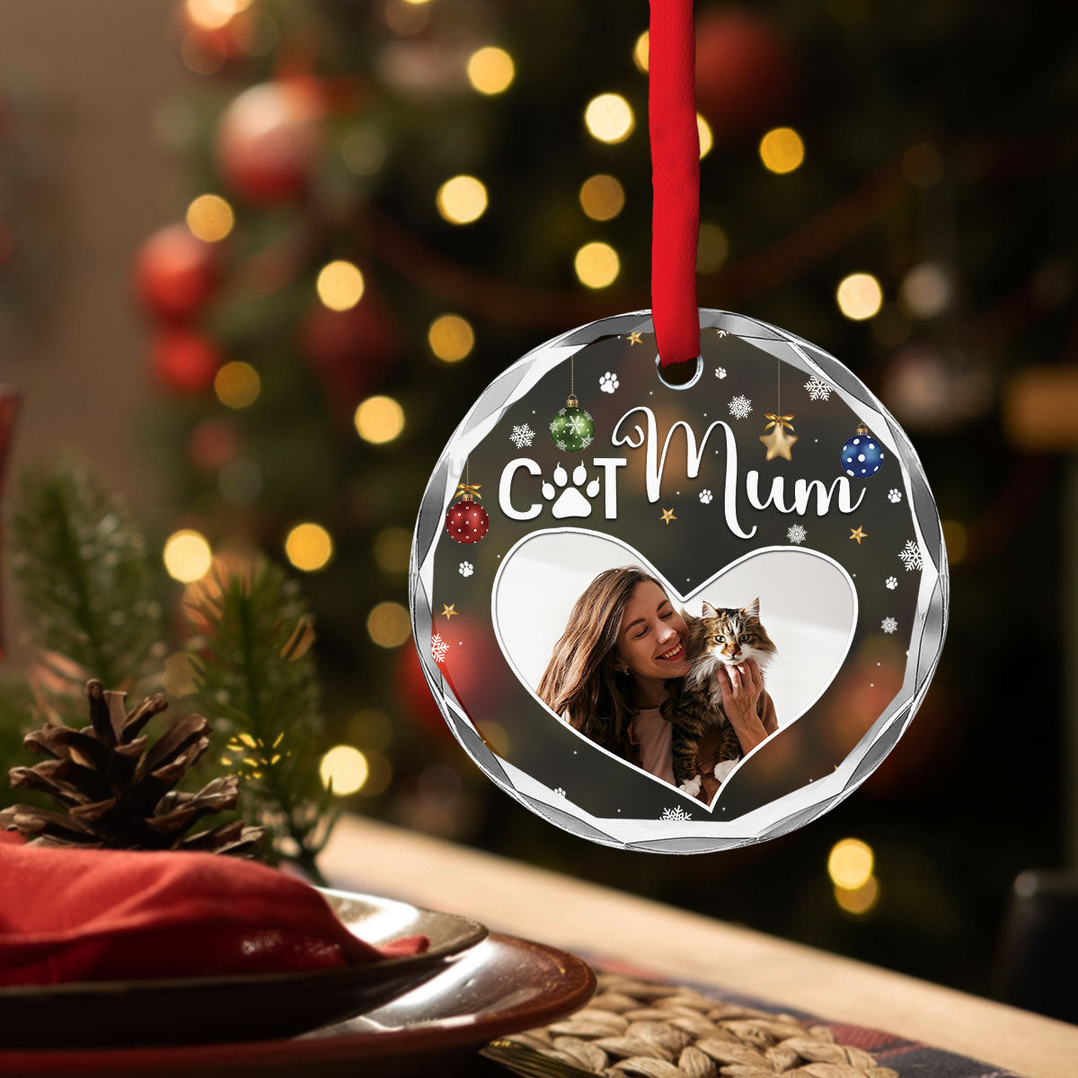 Personalized Custom Cat Mom Photo Glass Ornament - 8mm Thick, 3.07 Inches Tall