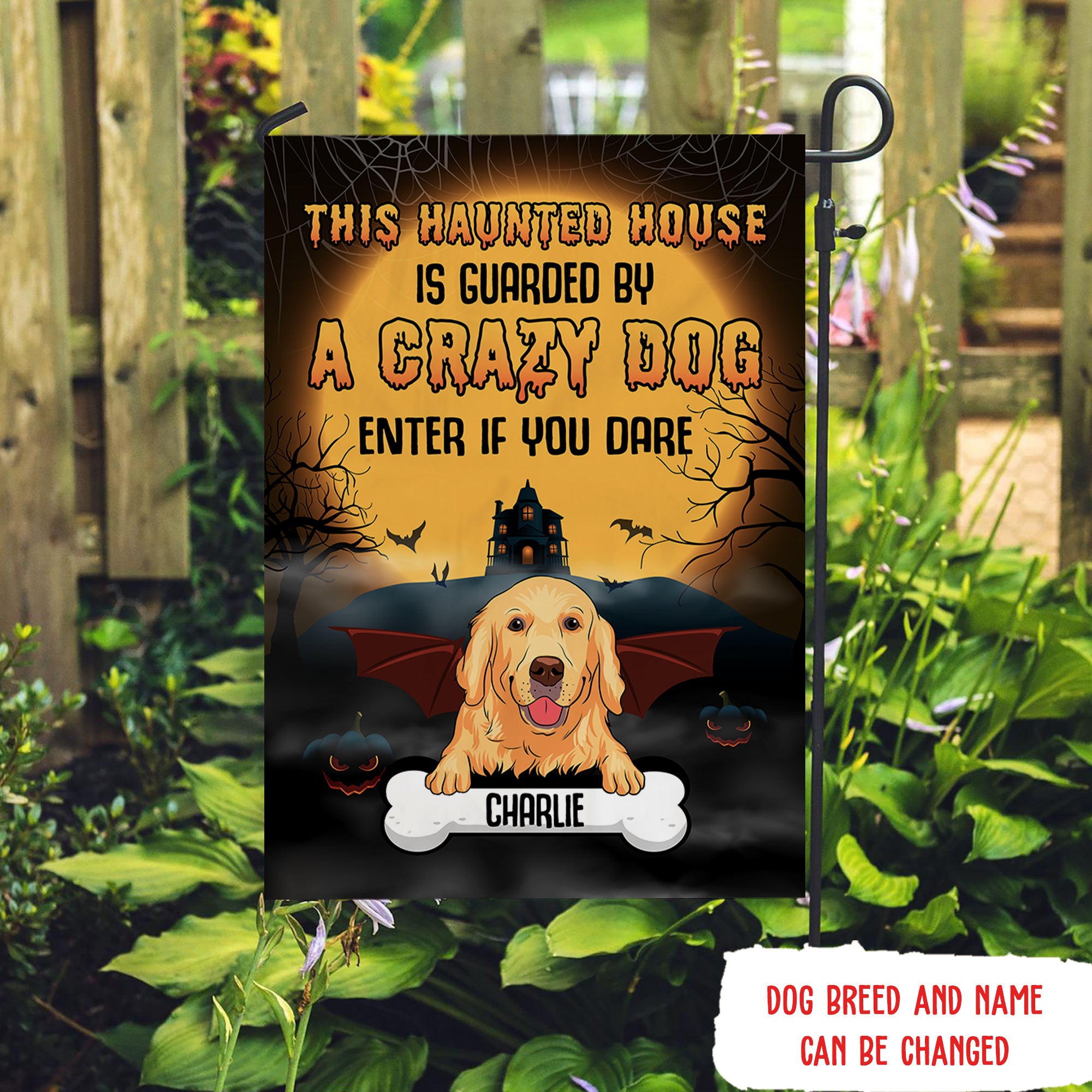 A Crazy Dog - Customizable Personalized Halloween Garden Flag for Pet Lovers - Available in 12' x 18' and 28' x 40' Sizes
