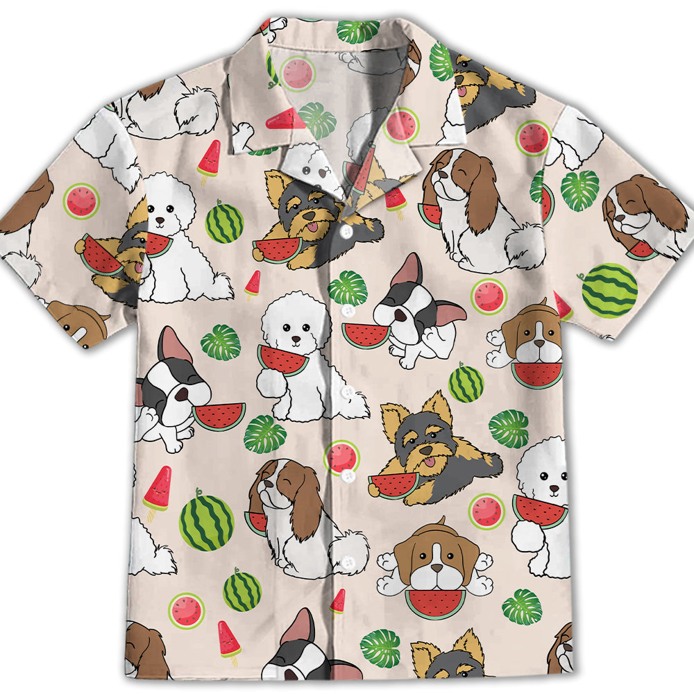 Adorable Dog Eating Watermelon Pink Kids' Button - up Shirt