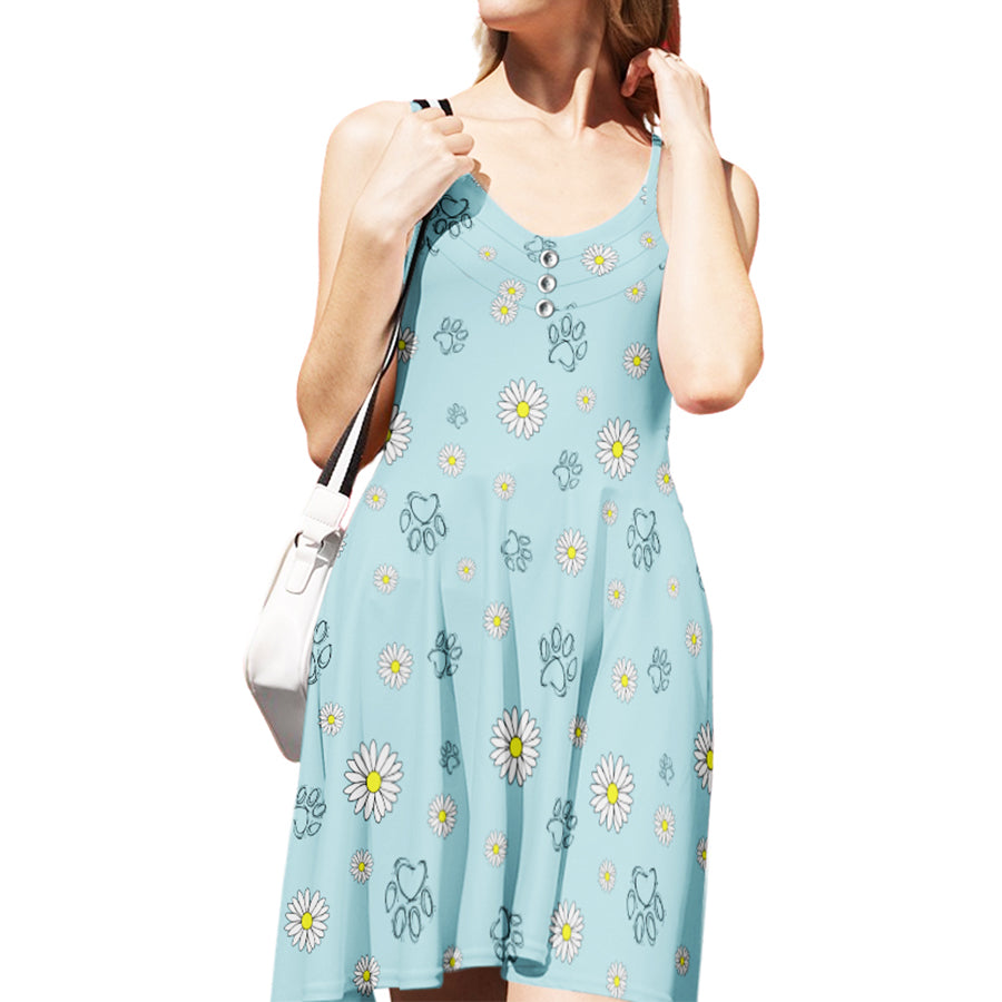 Charming Flower And Pawprint Adjustable Strap Dress - Ideal for Pet Lovers
