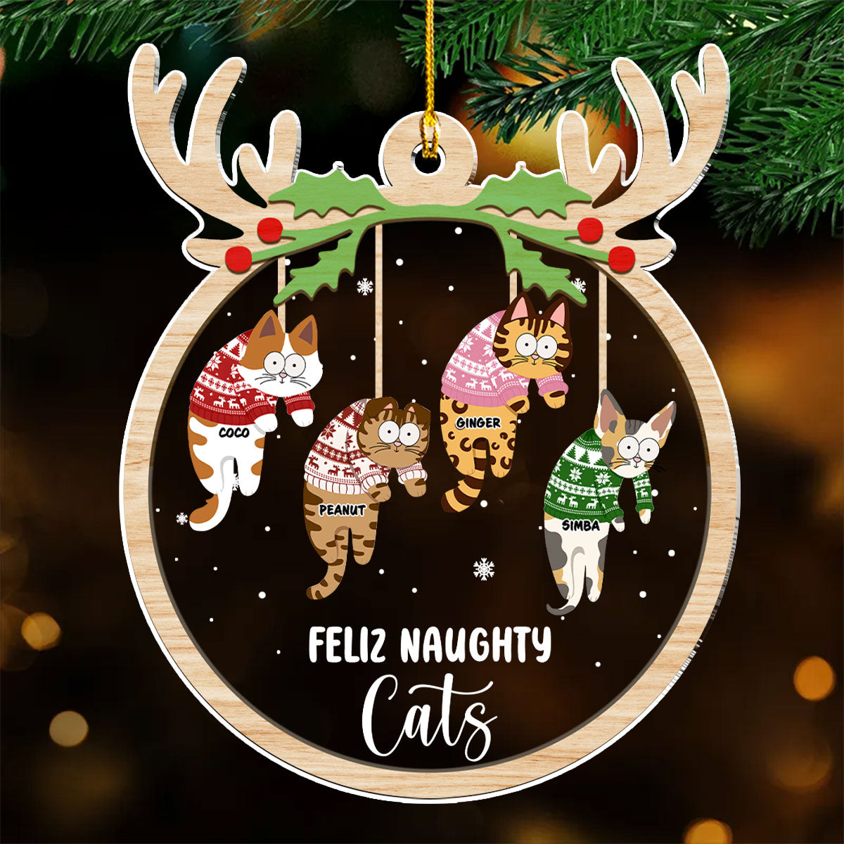 Jolly Cats - Unique Personalized Custom Acrylic Christmas Ornament with 4' Diameter