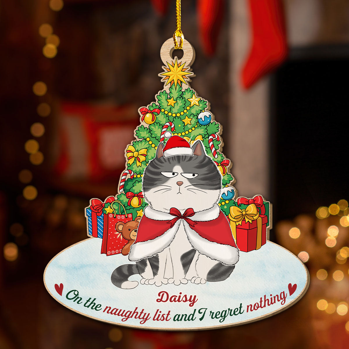On The Naughty List Personalized Custom Christmas Cat Wood Ornament