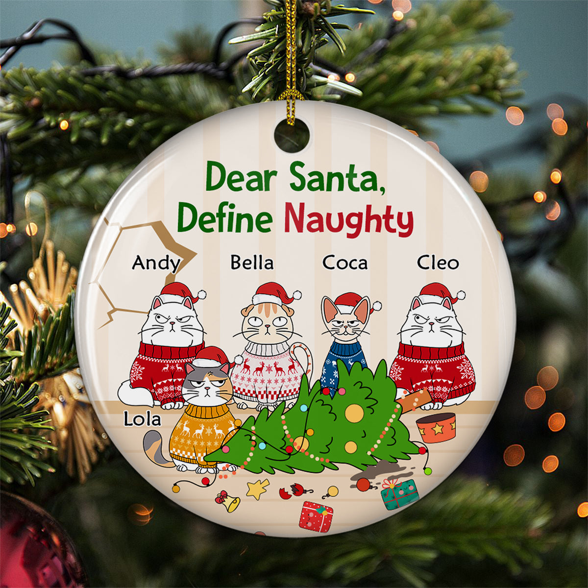 Santa Define Naughty Cats - Customizable Personalized Premium White Ceramic Christmas Ornament (3' Diameter)