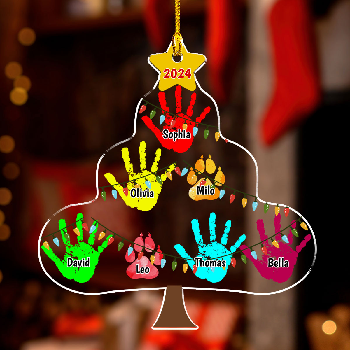 Customizable Family Handprints Tree Personalized Acrylic Christmas Ornament in 3 Sizes