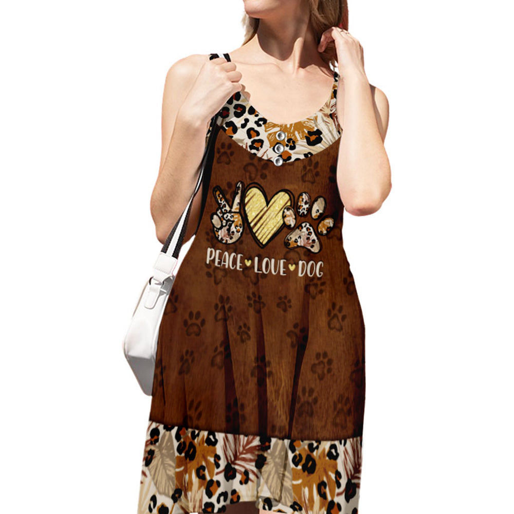 Peace Love Dog Adjustable Strap Knee - Length Polyester Sleeveless V - Neck Dress for Pet Lovers