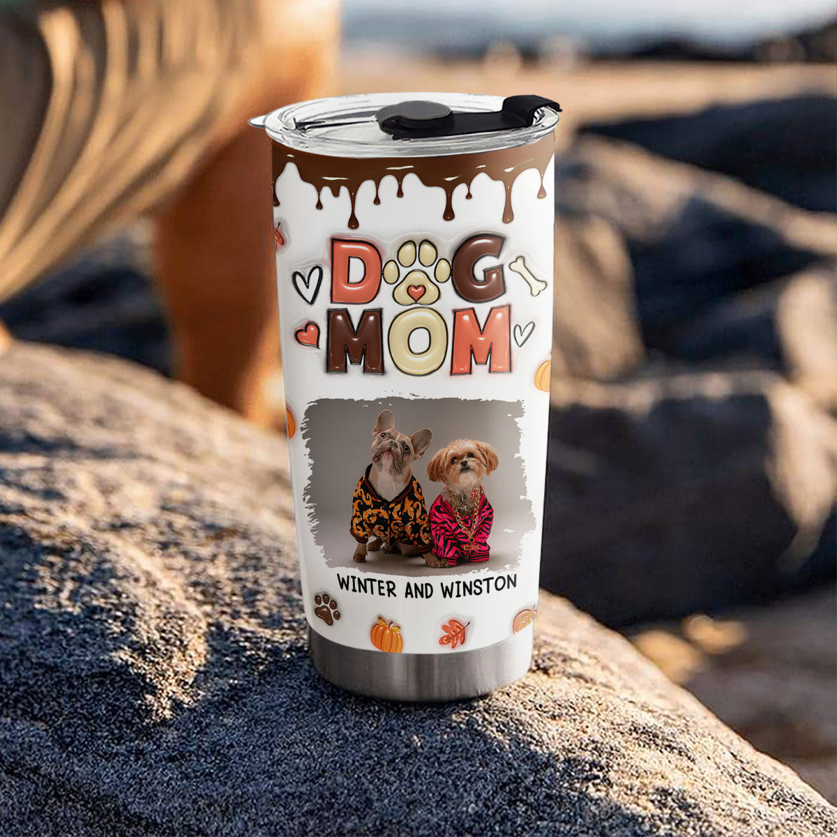 Personalized Custom 3D Inflated Effect Tumbler - Mom Of Dogs Fall Season Photo, 20oz High - Quality Stainless Steel Tumbler