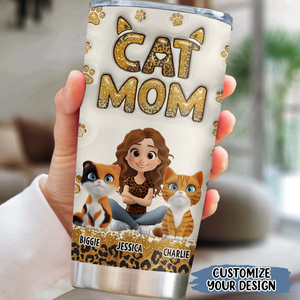 Cat Mom Leopard Personalized Custom 3D Inflated Effect 20oz Stainless Steel Tumbler