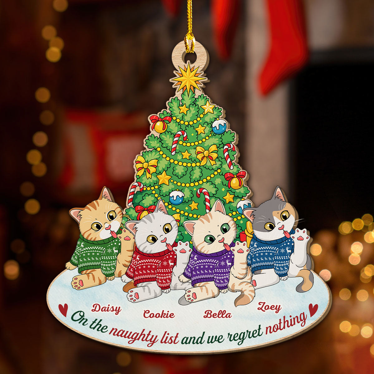 Adorable Naughty Cat Licking - Customizable 1 - Layered Personalized Wood Christmas Ornament