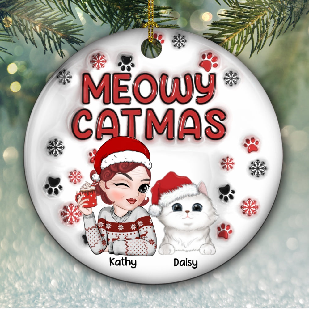 Meowy Catmas Cat Mom - Personalized Custom 3D Inflated Effect Premium White Ceramic Christmas Ornament, 3' Diameter