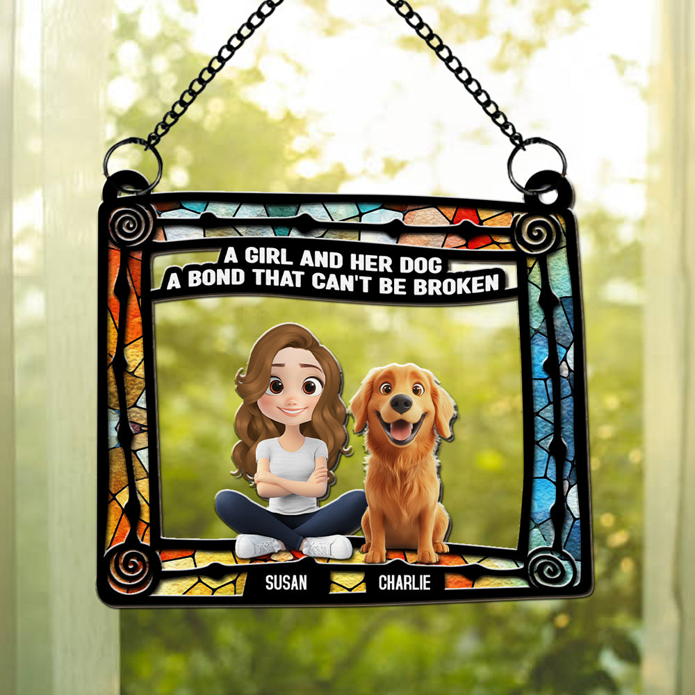 Personalized Custom Dog And Girl Sitting In Frame Suncatcher - Ideal Home Decor and Gift