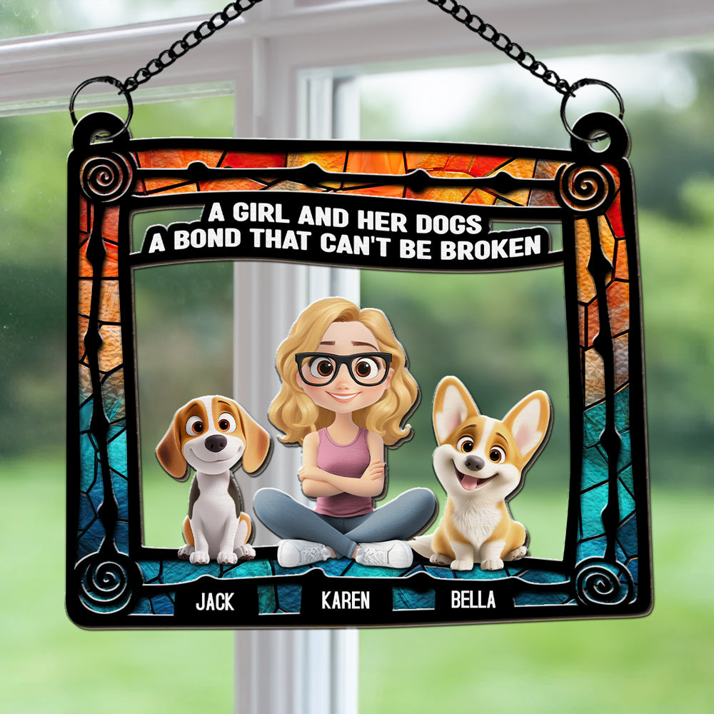 Personalized Custom Dog And Girl Sitting In Frame Suncatcher - Ideal Home Decor and Gift