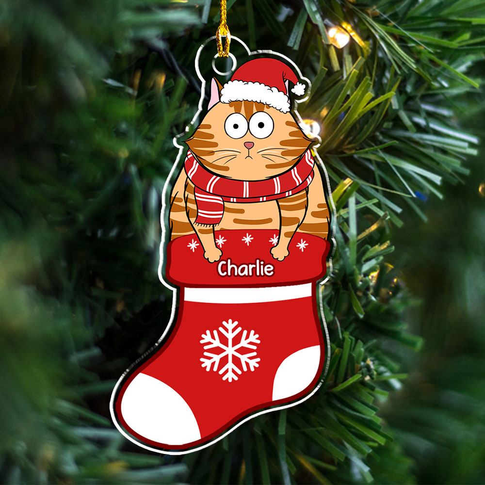 Personalized Custom Cat in Stocking Acrylic Christmas Ornament - 4' Diameter, 0.2' Thickness