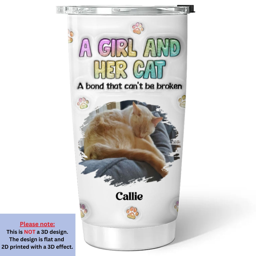 Personalized Custom 3D Inflated Effect Tumbler with A Girl And Her Cat Photo - High - Quality 20oz Stainless Steel