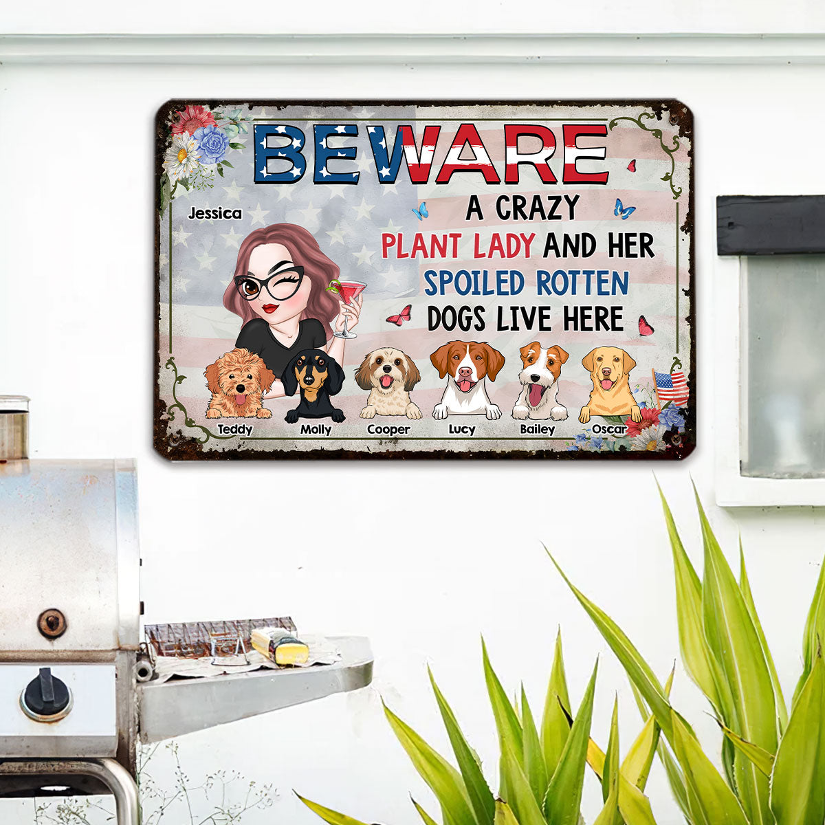 A Crazy Plant Lady & Her Spoiled Rotten Dog 4th Of July - Personalized Custom Rust - Effect Metal Sign for Home and Office