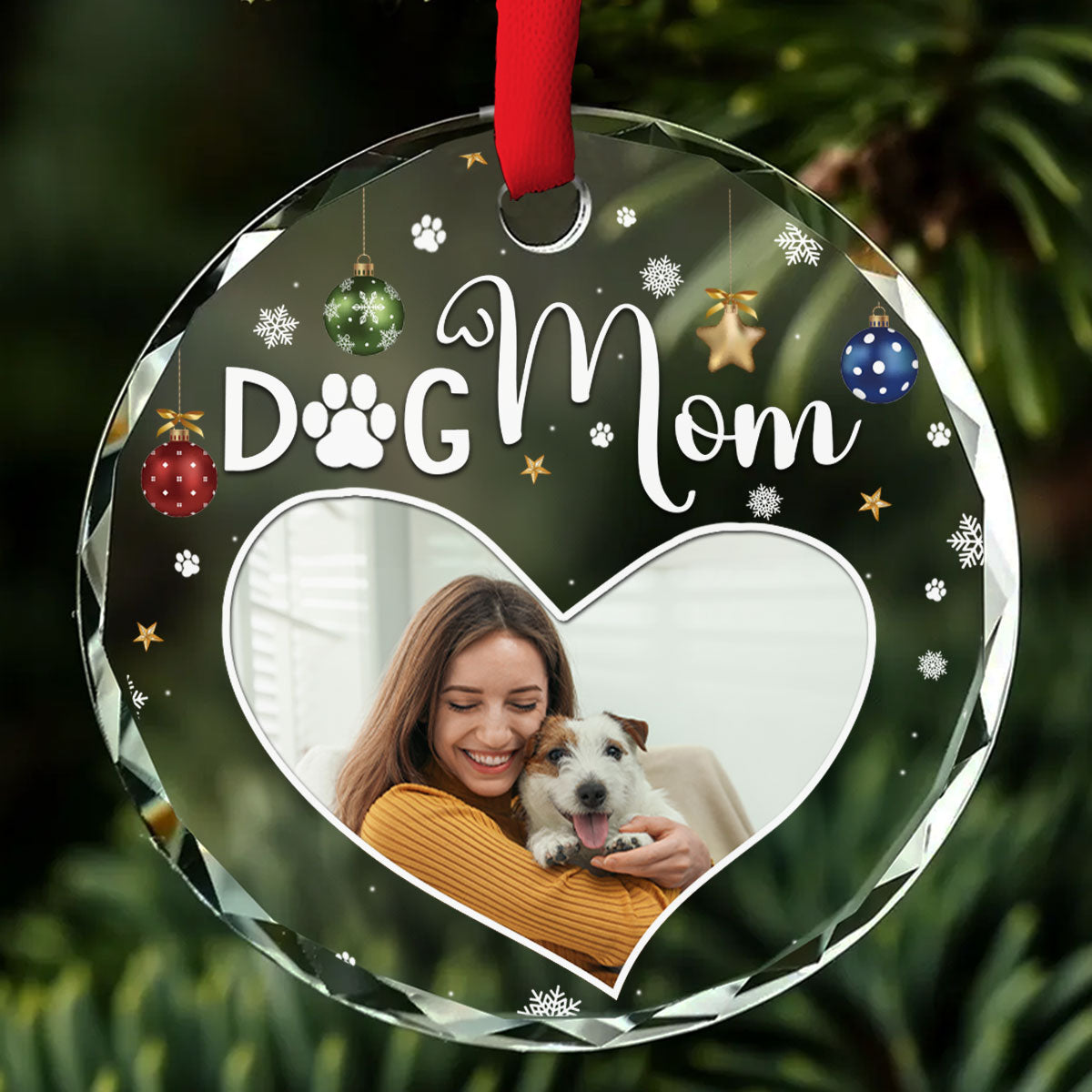 Customizable Dog Mom Photo Personalized 8mm Thick 3.07-inch Tall Glass Ornament
