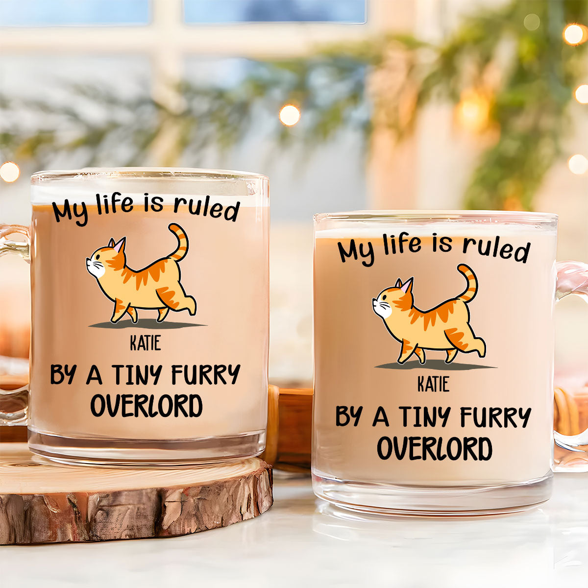 Ruled By Tiny Furry Overlords - Personalized Custom Glass Mug with Elegant Glossy Finish and Ergonomic Handle