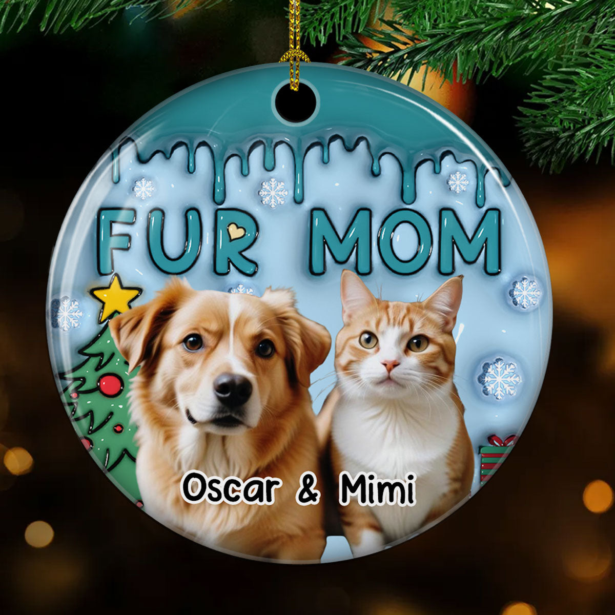 Upload Photo for a Stunning Personalized Custom 3D Inflated Effect Lovely Fur Mom Ceramic Christmas Ornament
