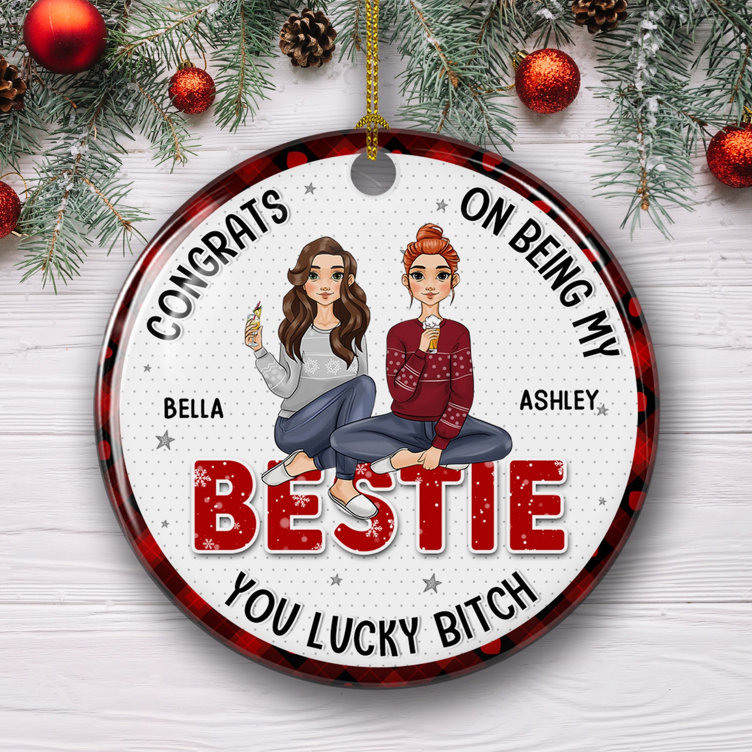 Congratulations, My Bestie! - Personalized Custom Circle Ceramic Christmas Ornament with Vibrant Colors