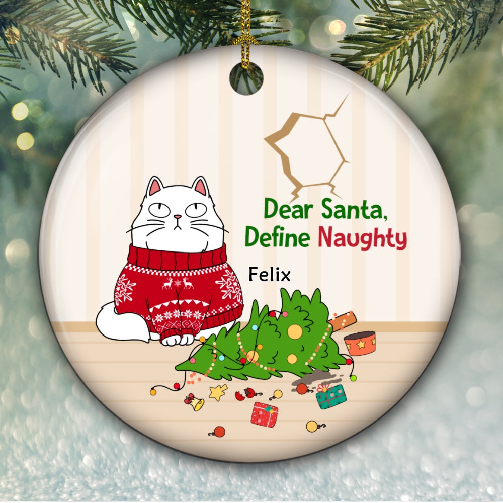 Santa Define Naughty Cats - Customizable Personalized Premium White Ceramic Christmas Ornament (3' Diameter)