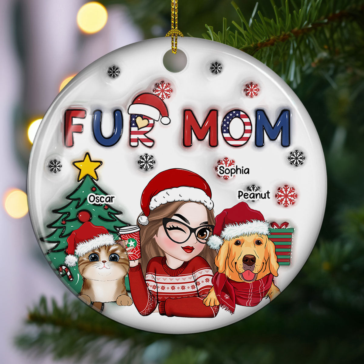 Customizable American Fur Mom Christmas 3D Inflated Effect Personalized Ceramic Ornament