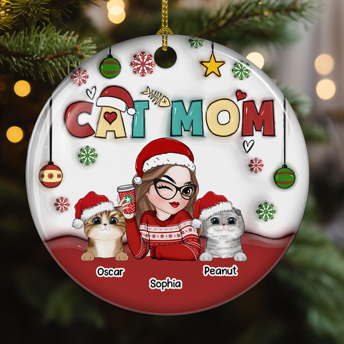 Personalized Custom 3D Inflated Effect Premium White Ceramic Ornament for Cat Moms