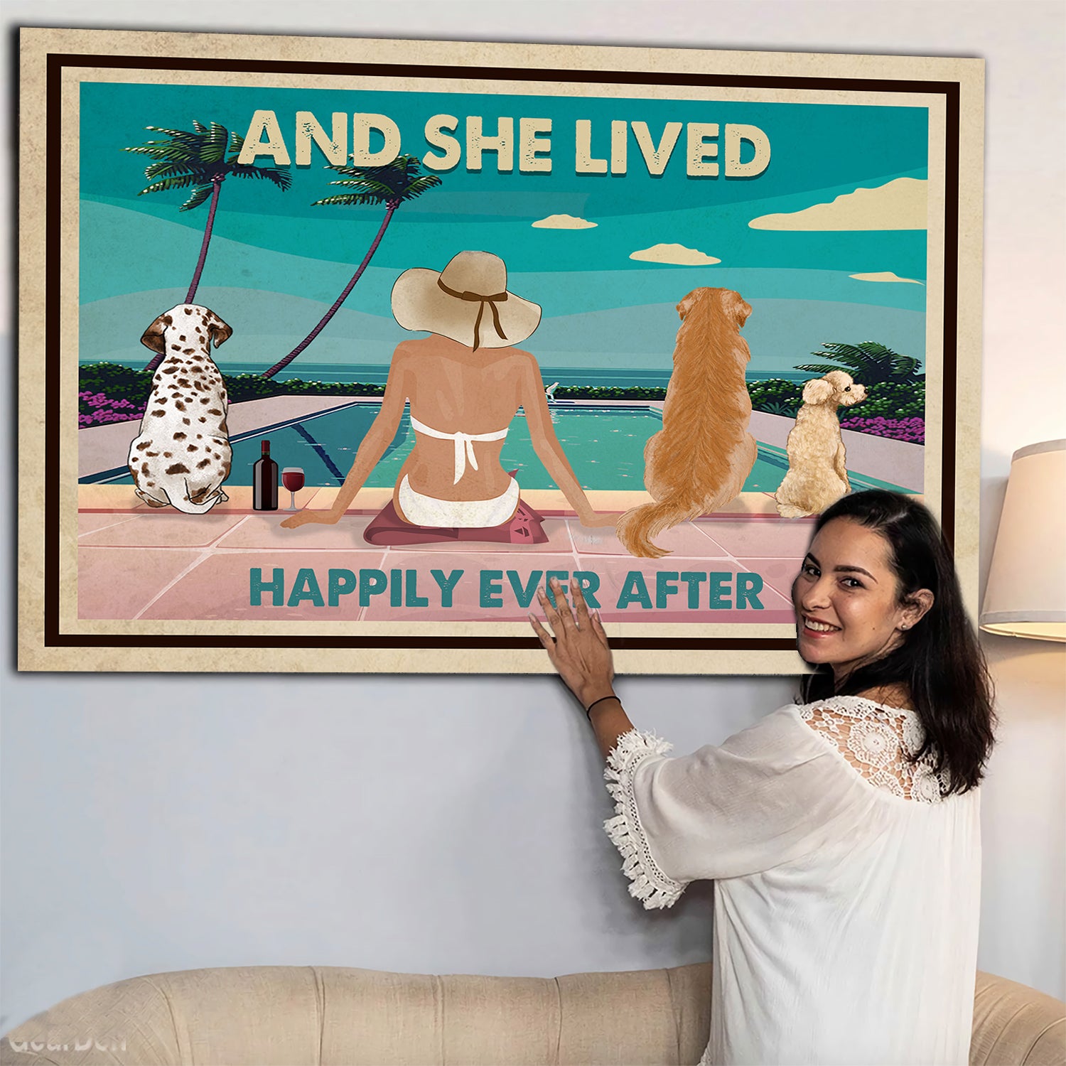 Personalized Custom Pool, Wine, and Dogs Canvas - Ideal Gift for Pet Lovers
