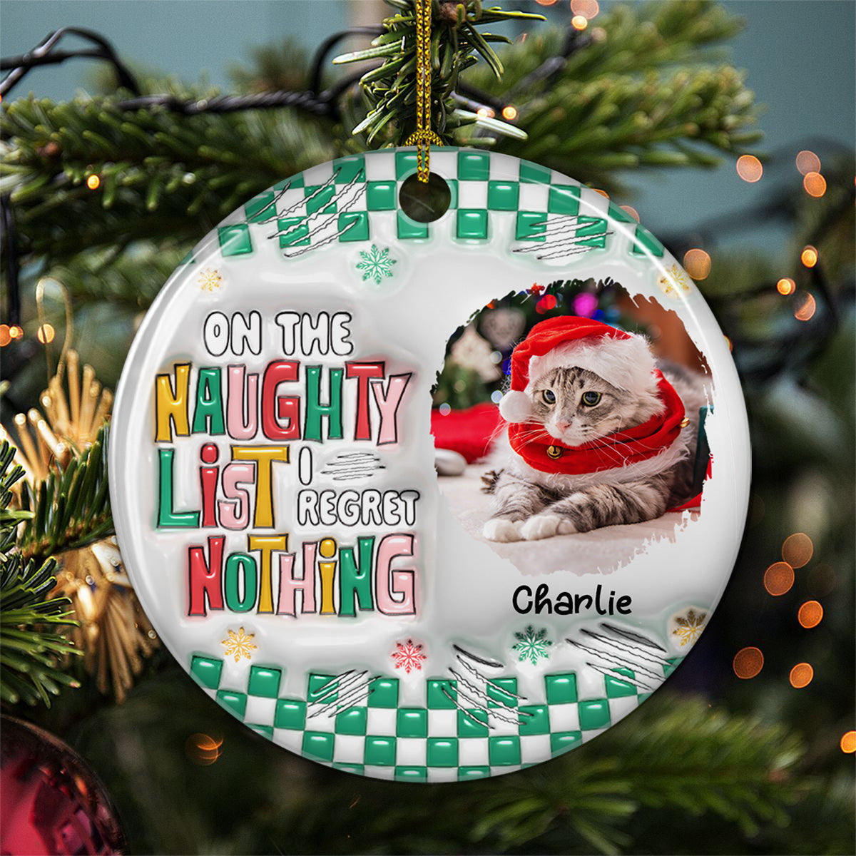 On The Naughty List We Regret Nothing - Personalized Custom 3D Inflated Effect White Ceramic Christmas Ornament, 3' Diameter
