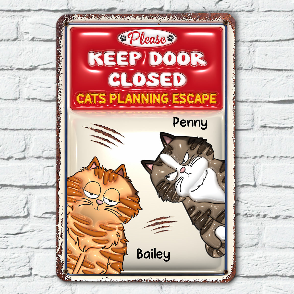 Cats Planning Escape 2 - Premium Personalized Custom 3D Inflated Effect Metal Sign for Home and Office Decor