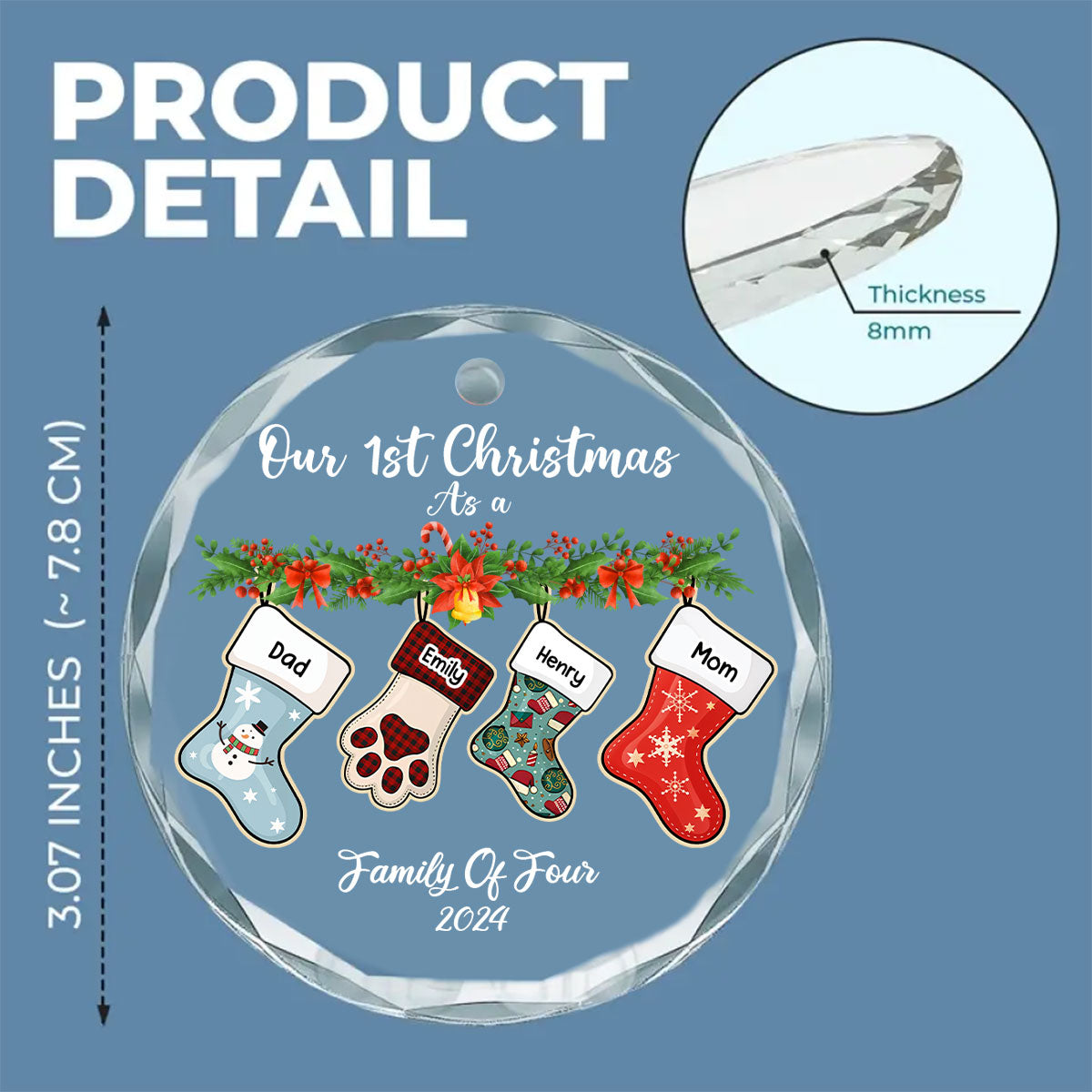 Personalized Custom Family Stocking Glass Ornament - 8mm Thick, 3.07 Inches Tall