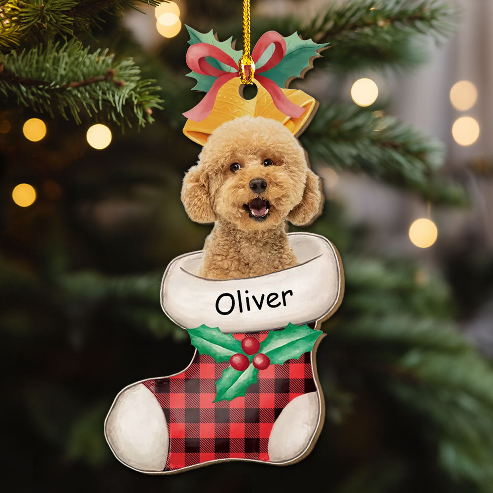 Custom Personalized 1 - layered Wood Ornament with Stocking Photo - Ideal for Pet Lovers